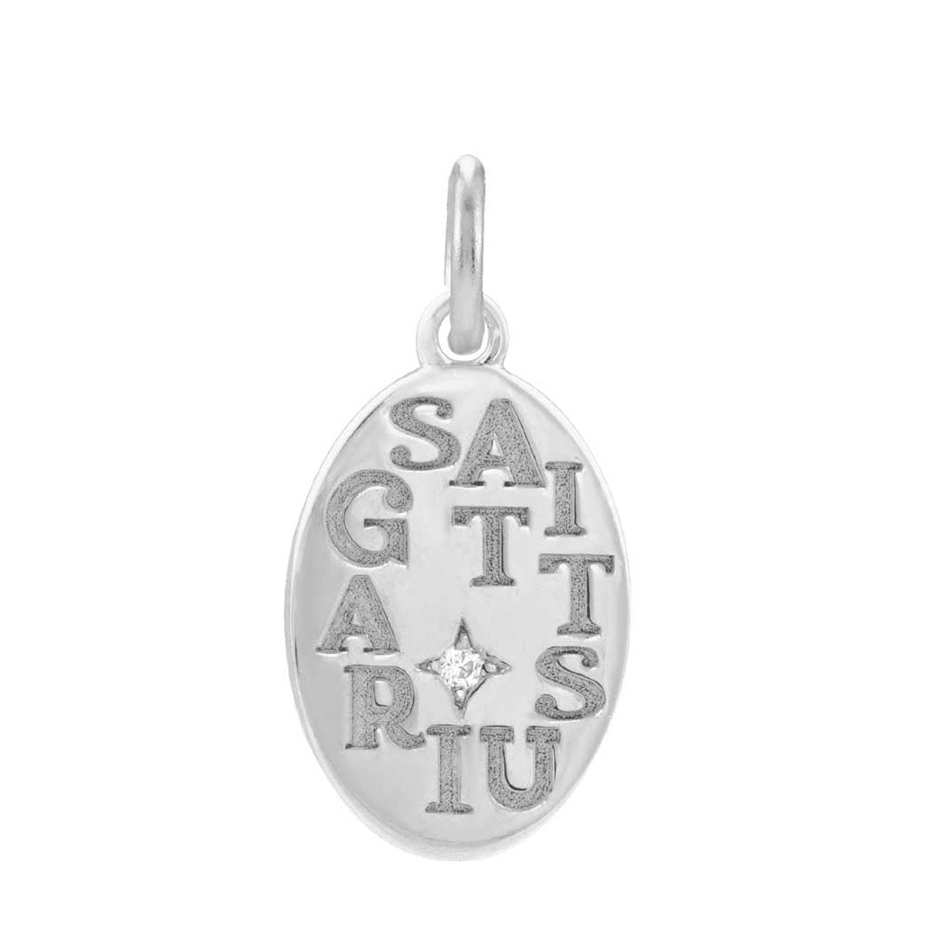 14K white gold Sagittarius zodiac charm with diamond accent, gift-ready