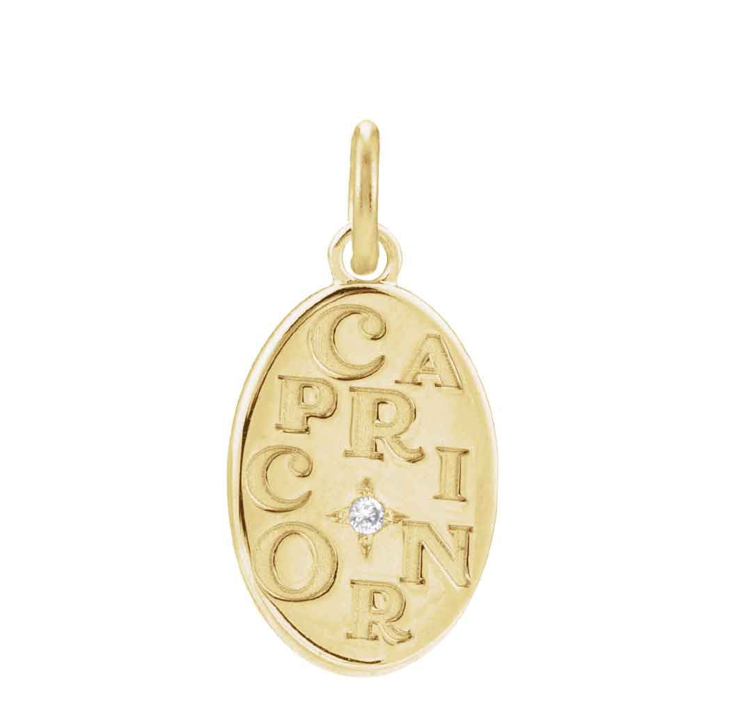 Delicate Capricorn zodiac emblem engraved into a flat 14K yellow gold coin pendant