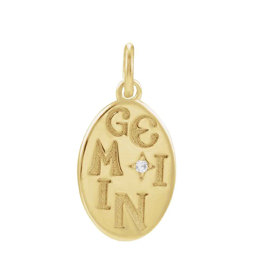 14K yellow gold Gemini zodiac charm with diamond accent, gift-ready