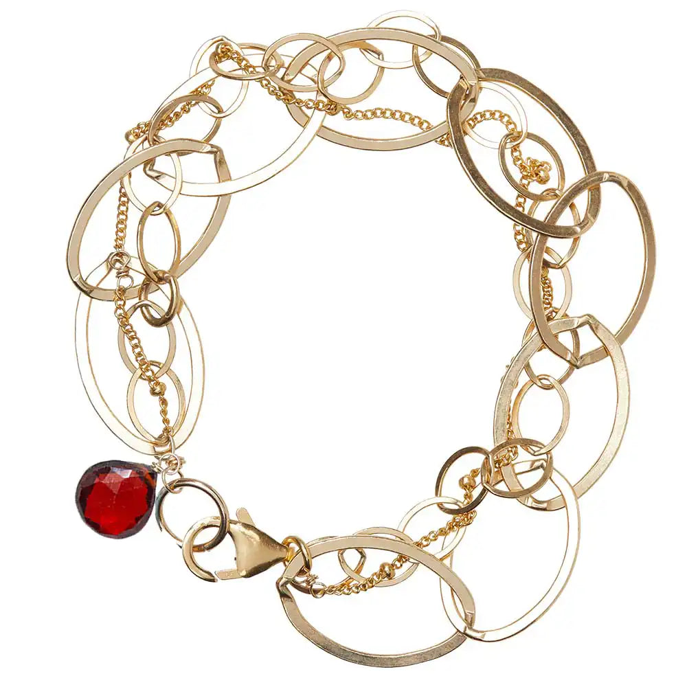 Natural garnet woven chain bracelet in 14K gold-fill, close-up of setting variant--Garnet variant--Gold-fill