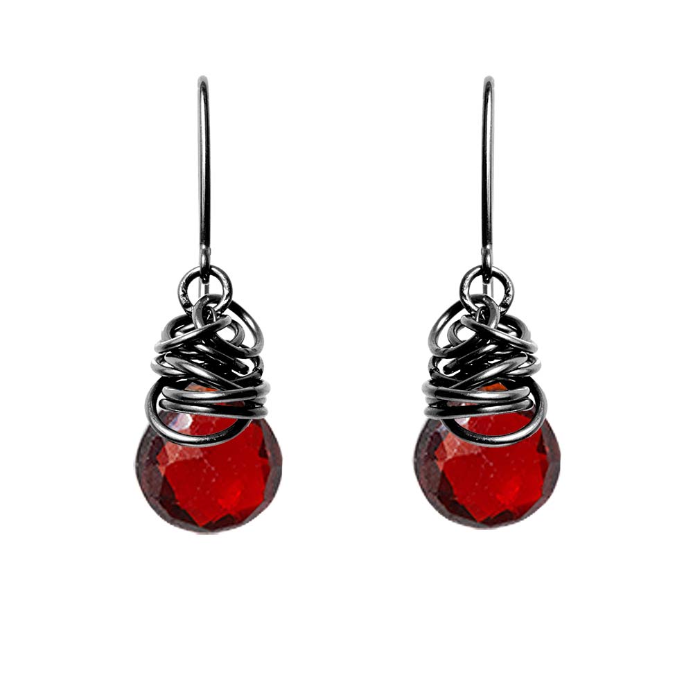 Handmade Garnet dangle earrings in Oxidized sterling silver for perfect birthstone gift