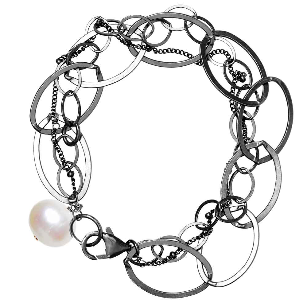 Oxidized sterling silver Pearl bracelet, Oxidized sterling silver Pearl gemstone bracelet, Oxidized sterling silver Pearl birthstone bracelet