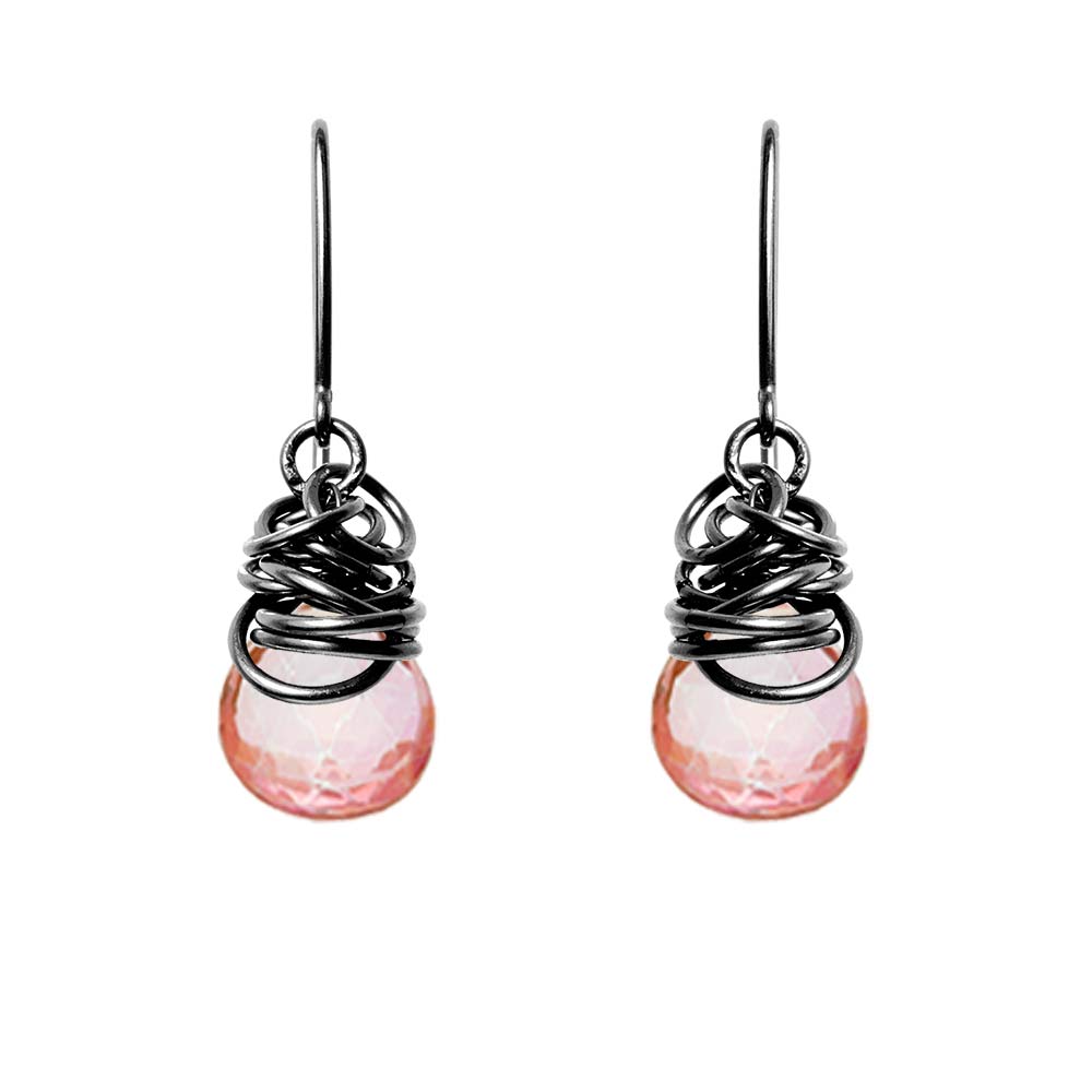 Handmade Pink Topaz dangle earrings in Oxidized sterling silver for perfect birthstone gift