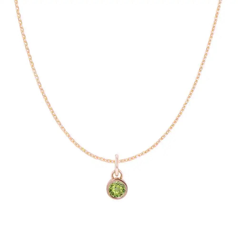 Peridot birthstone charm necklace in 14K rose gold, bezel-set pendant, product shot variant--14K-rose-gold variant--Peridot