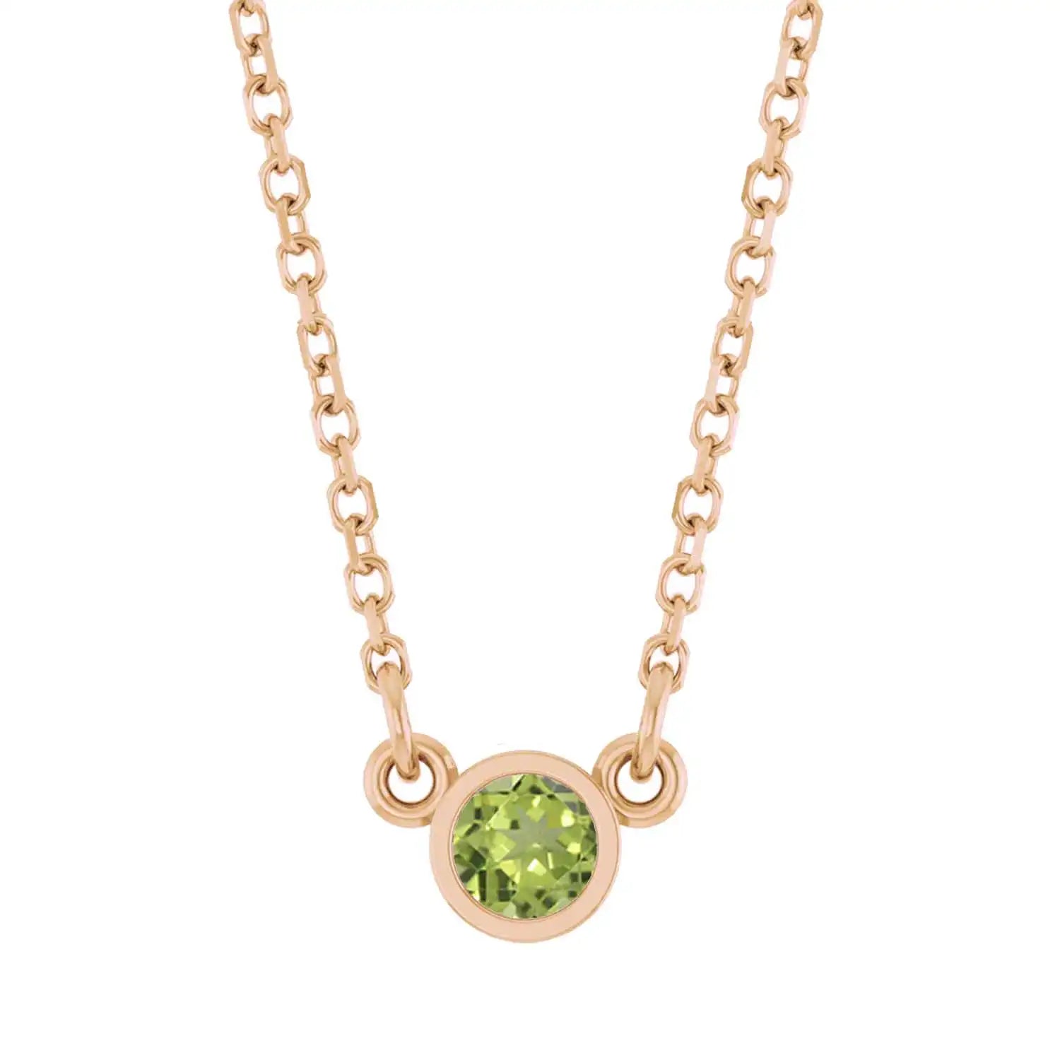 Bezel-set peridot birthstone necklace in 14K rose gold, product view