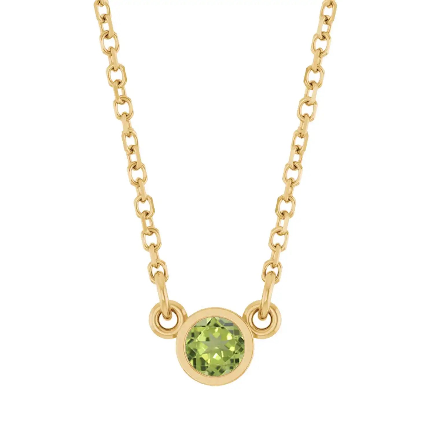 Bezel-set peridot birthstone necklace in 14K yellow gold, product view variant--14K rose gold