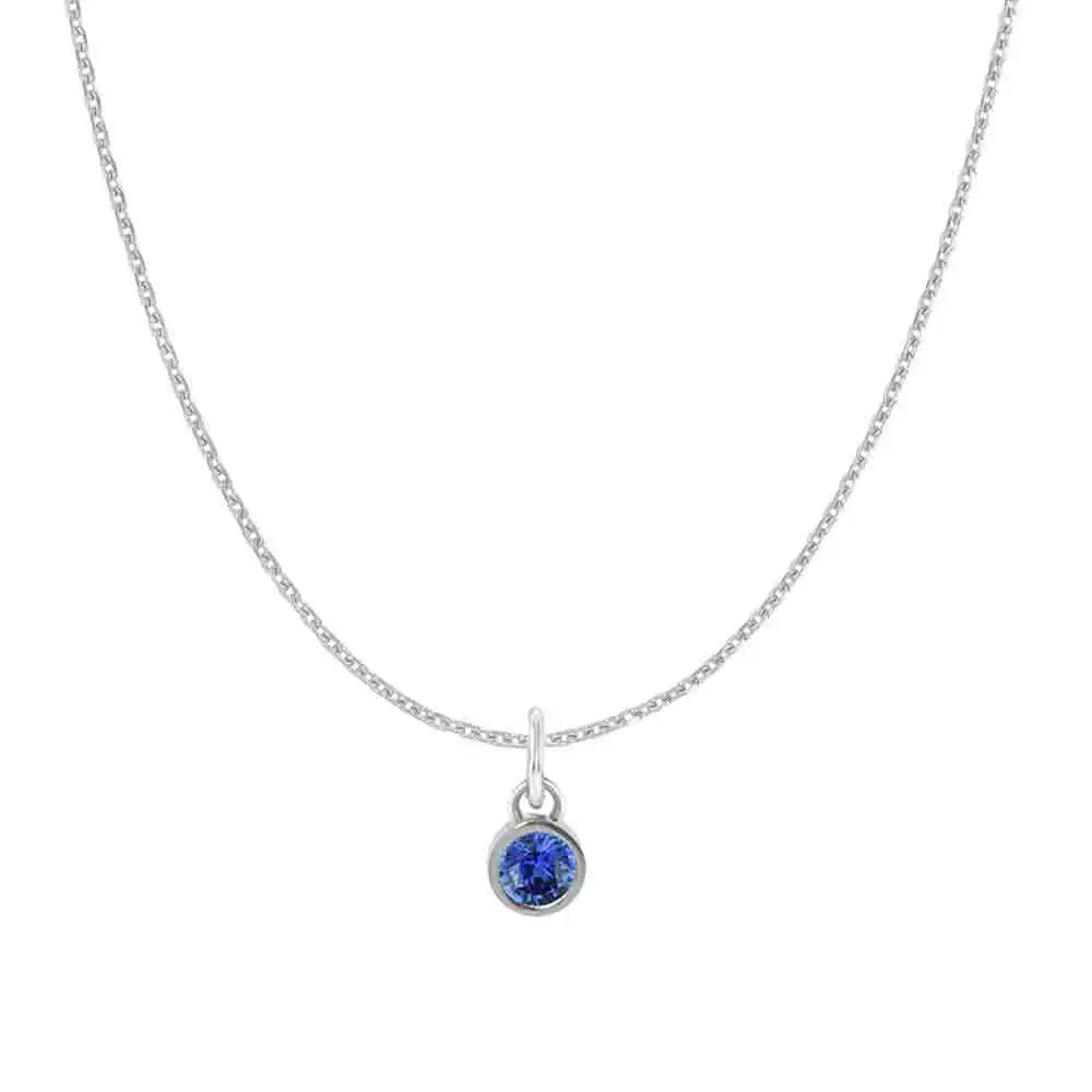 Natural sapphire birthstone charm necklace in 14K white gold, bezel-set pendant on cable chain, product shot variant--14K-white-gold