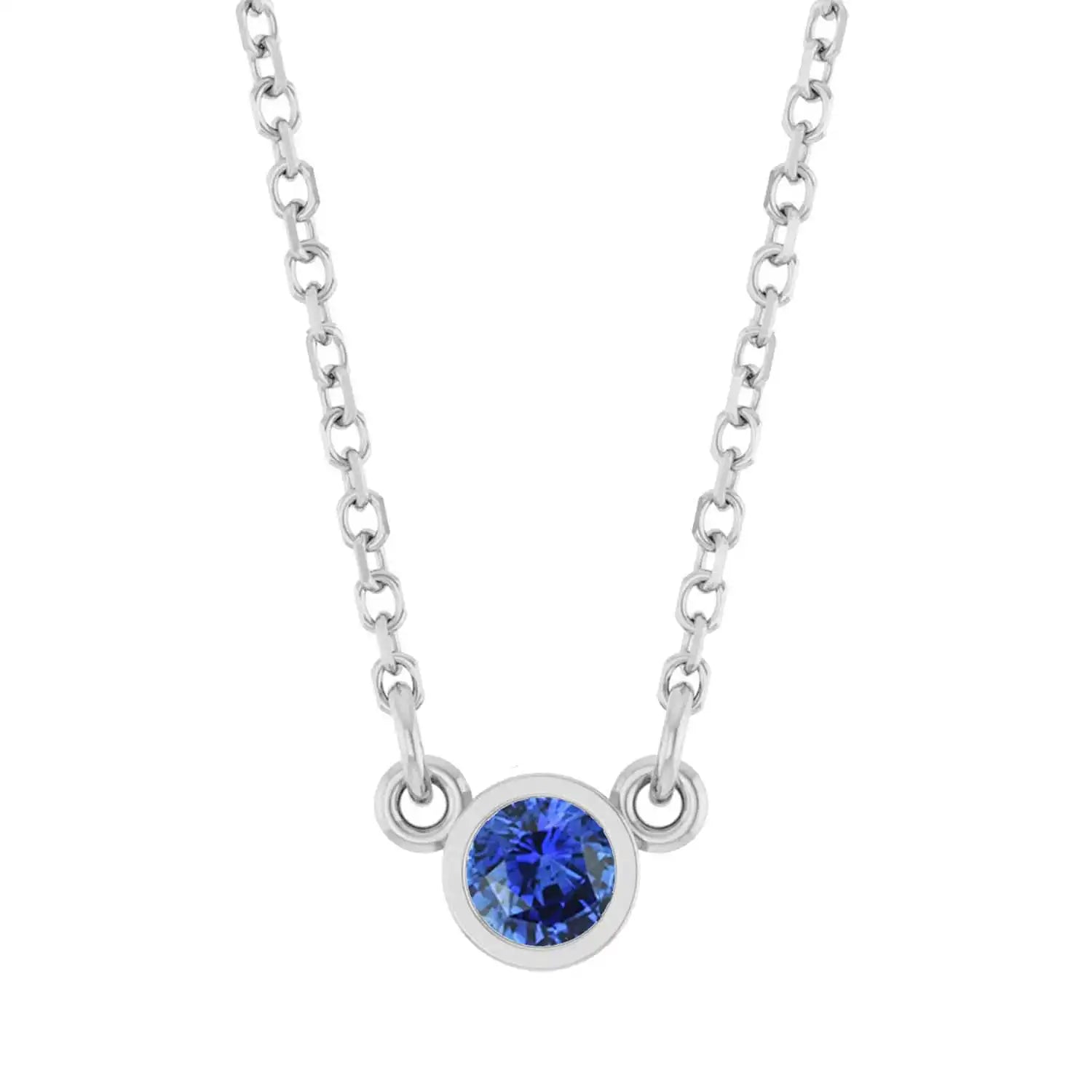 Bezel-set sapphire birthstone necklace in 14K white gold, pendant detail