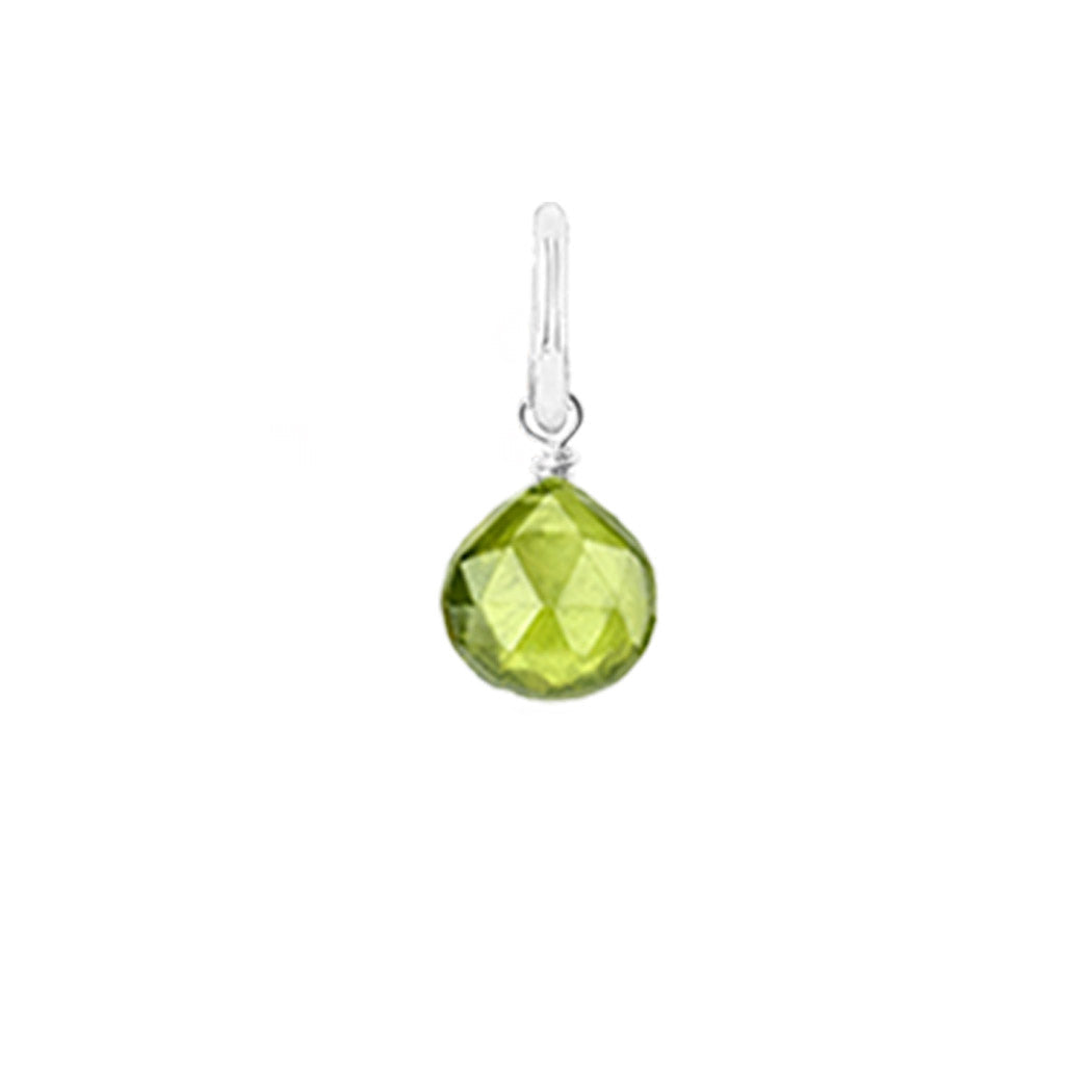 Sparkling 6mm briolette gemstone charm in peridot, wrapped by hand in sterling silver.