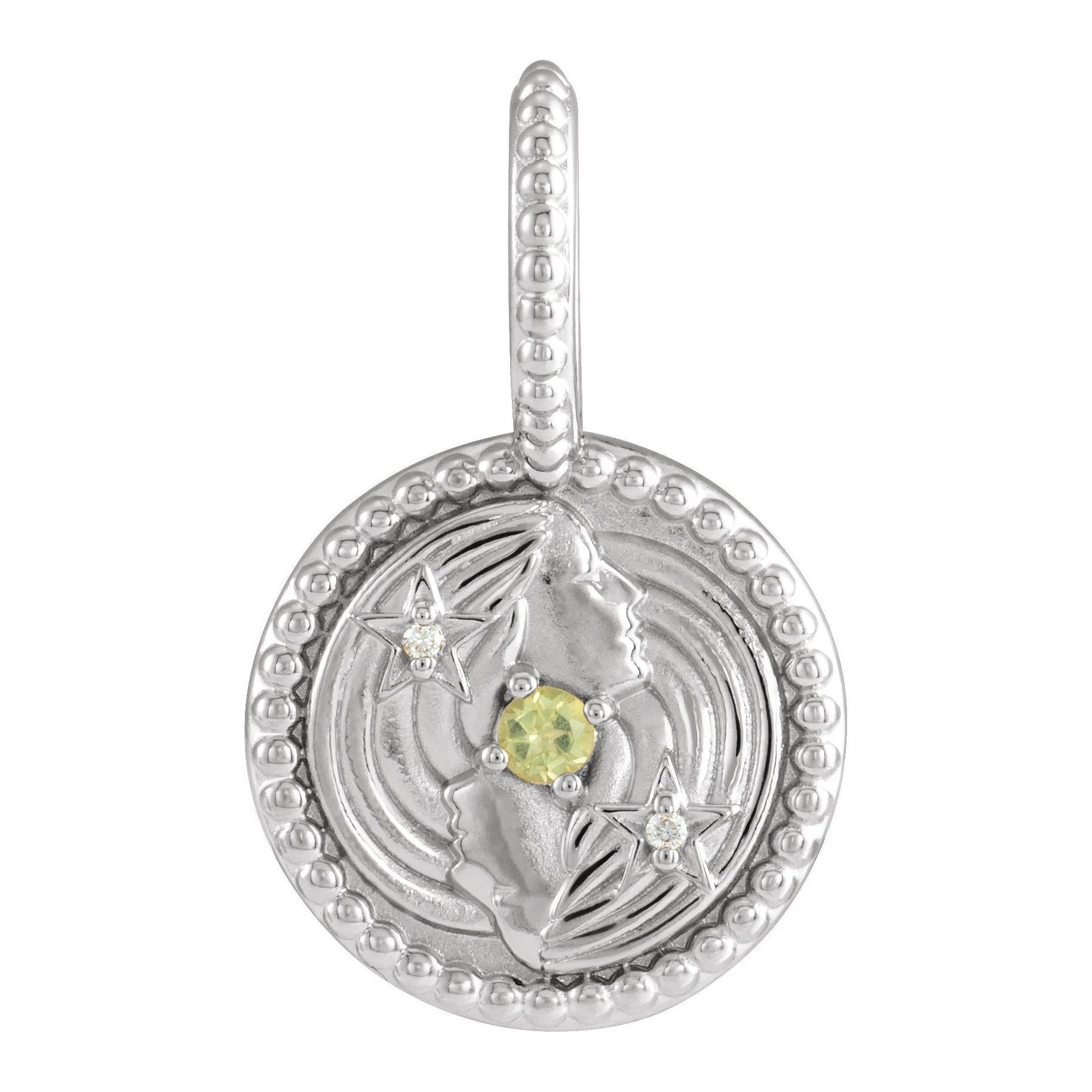 14K white gold medallion charm showcasing the Gemini zodiac constellation design.