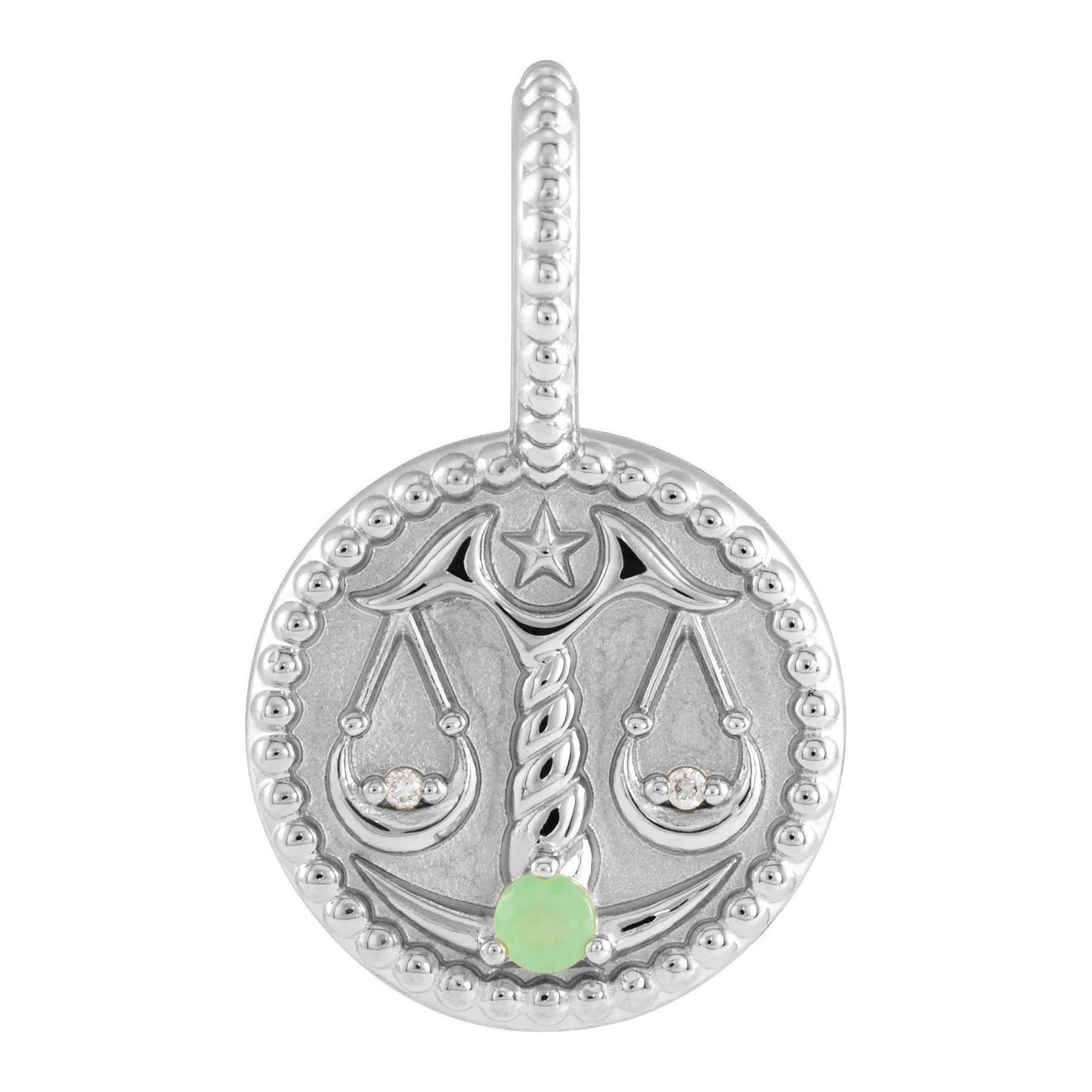 Libra zodiac medallion charm in 14K white gold, engraved with celestial symbol.