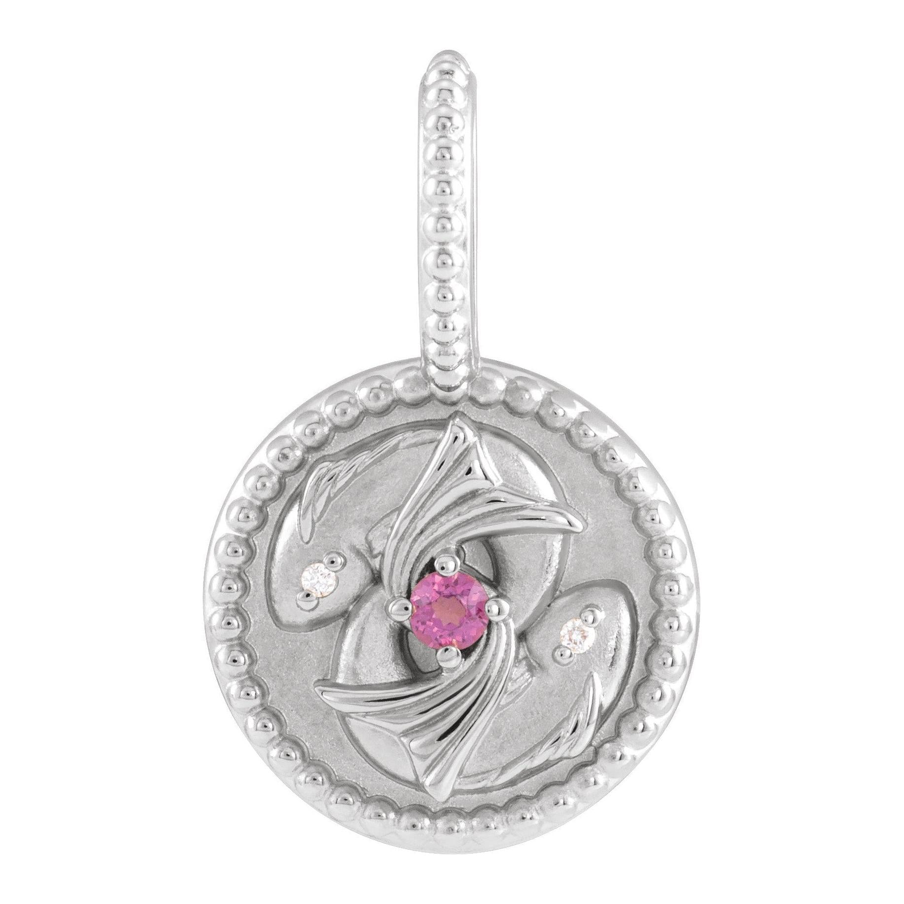 Celestial Pisces charm medallion in 14K white gold, engraved for a personalized touch.
