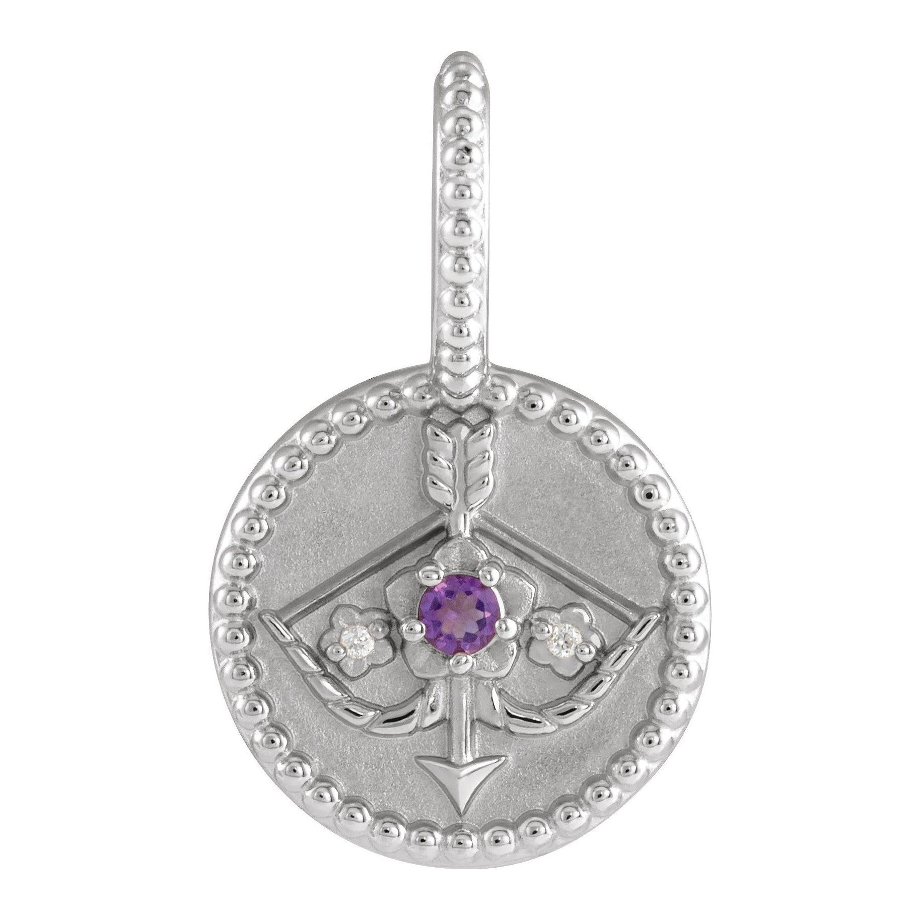 Sagittarius zodiac medallion charm in silver, engraved with celestial symbol.