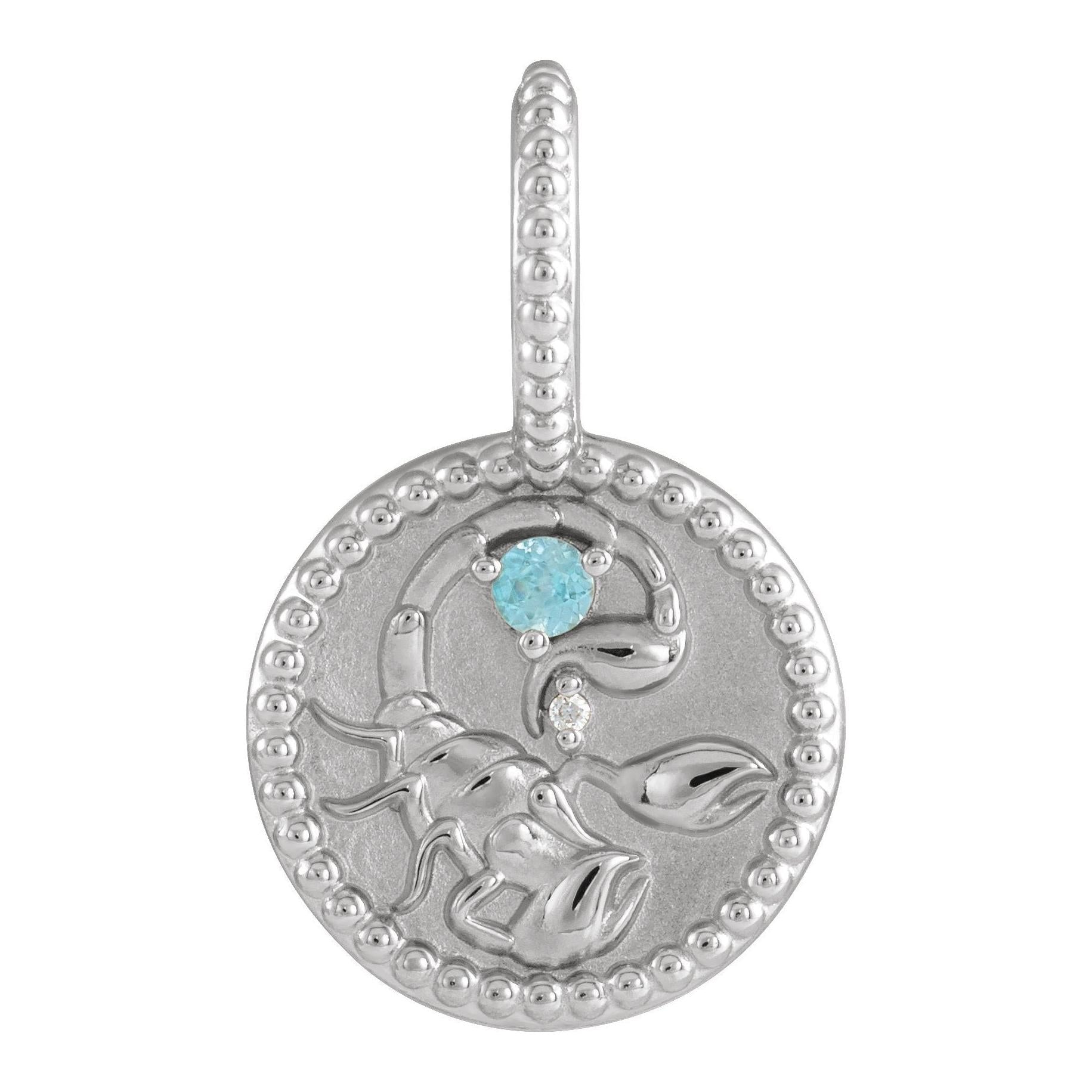 Hand-etched Scorpio star sign pendant in radiant 14K white gold finish.