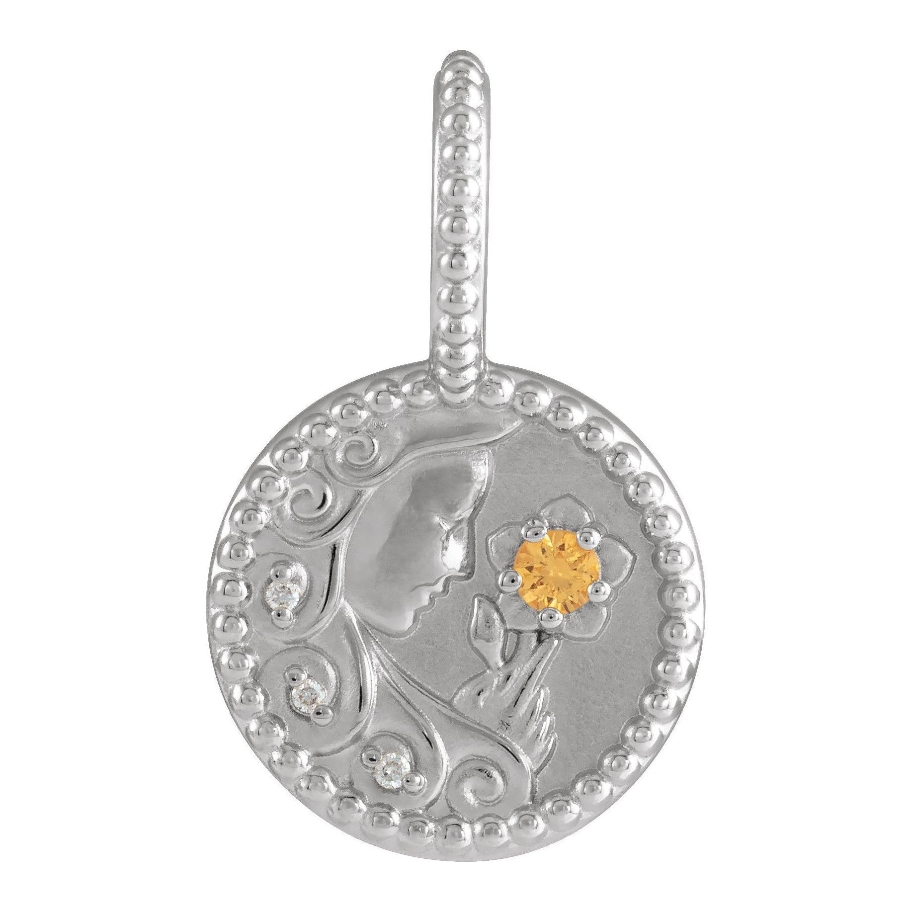 Hand-etched Virgo star sign pendant in radiant 14K white gold finish.
