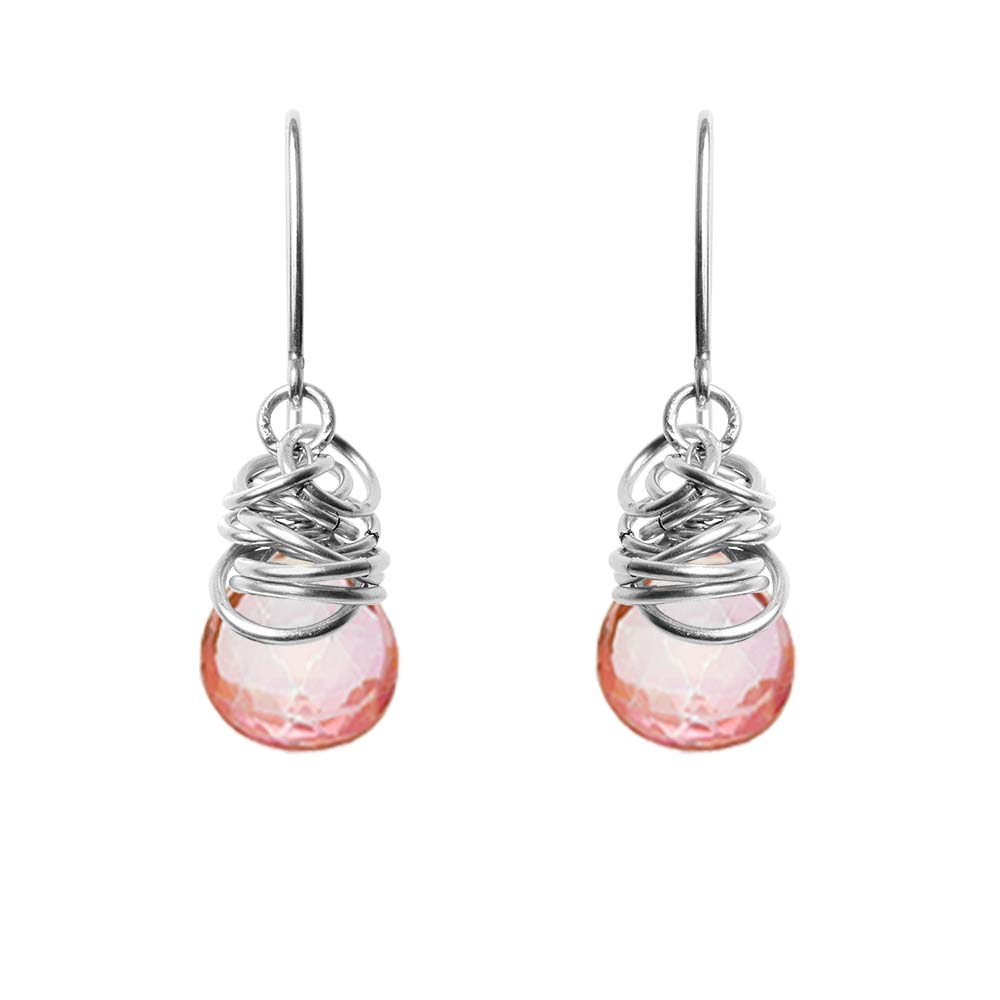 Handmade Pink Topaz dangle earrings in Sterling silver for perfect birthstone gift