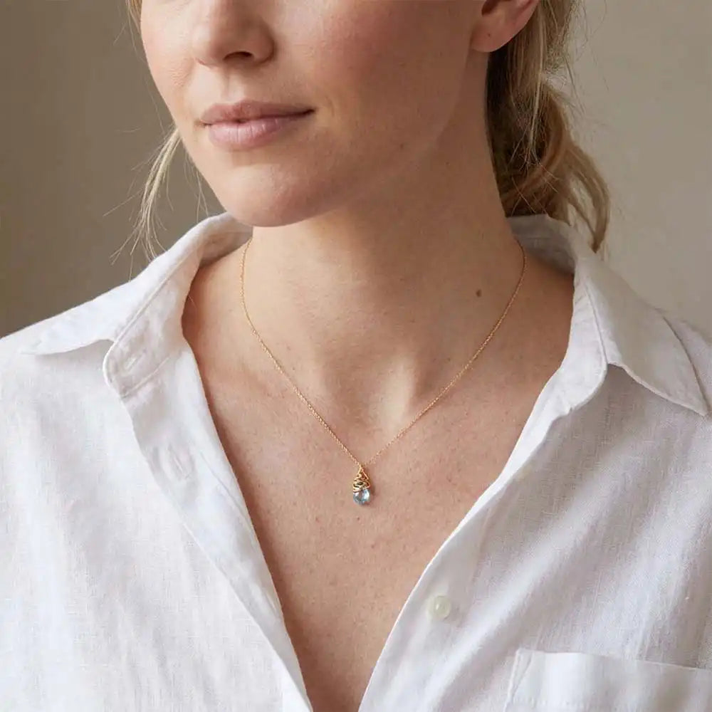 Natural swiss blue topaz pendant necklace in sterling silver, close-up of setting in gold-fill