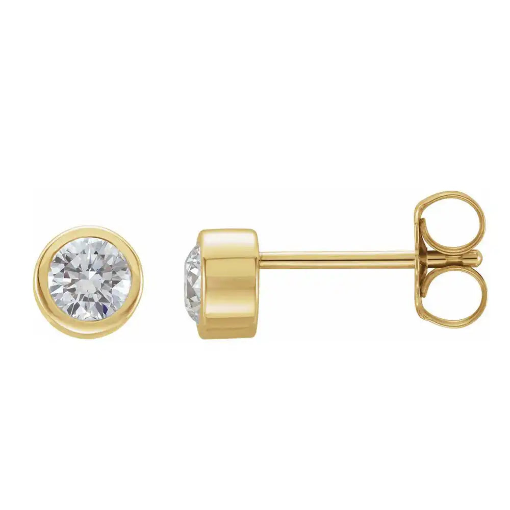 White sapphire bezel stud earrings side view in 14K yellow gold variant--14K-yellow-gold