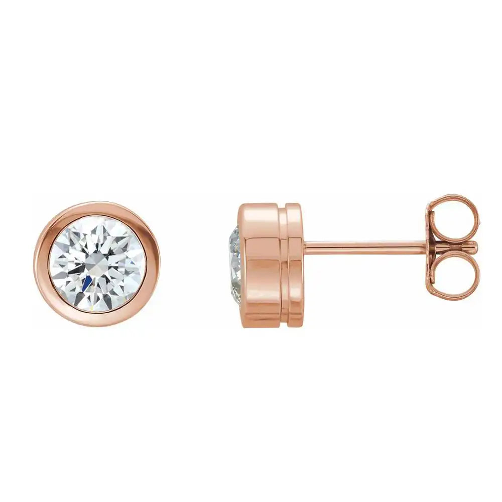 White sapphire bezel stud earrings side view in 14K rose gold variant--14K-rose-gold