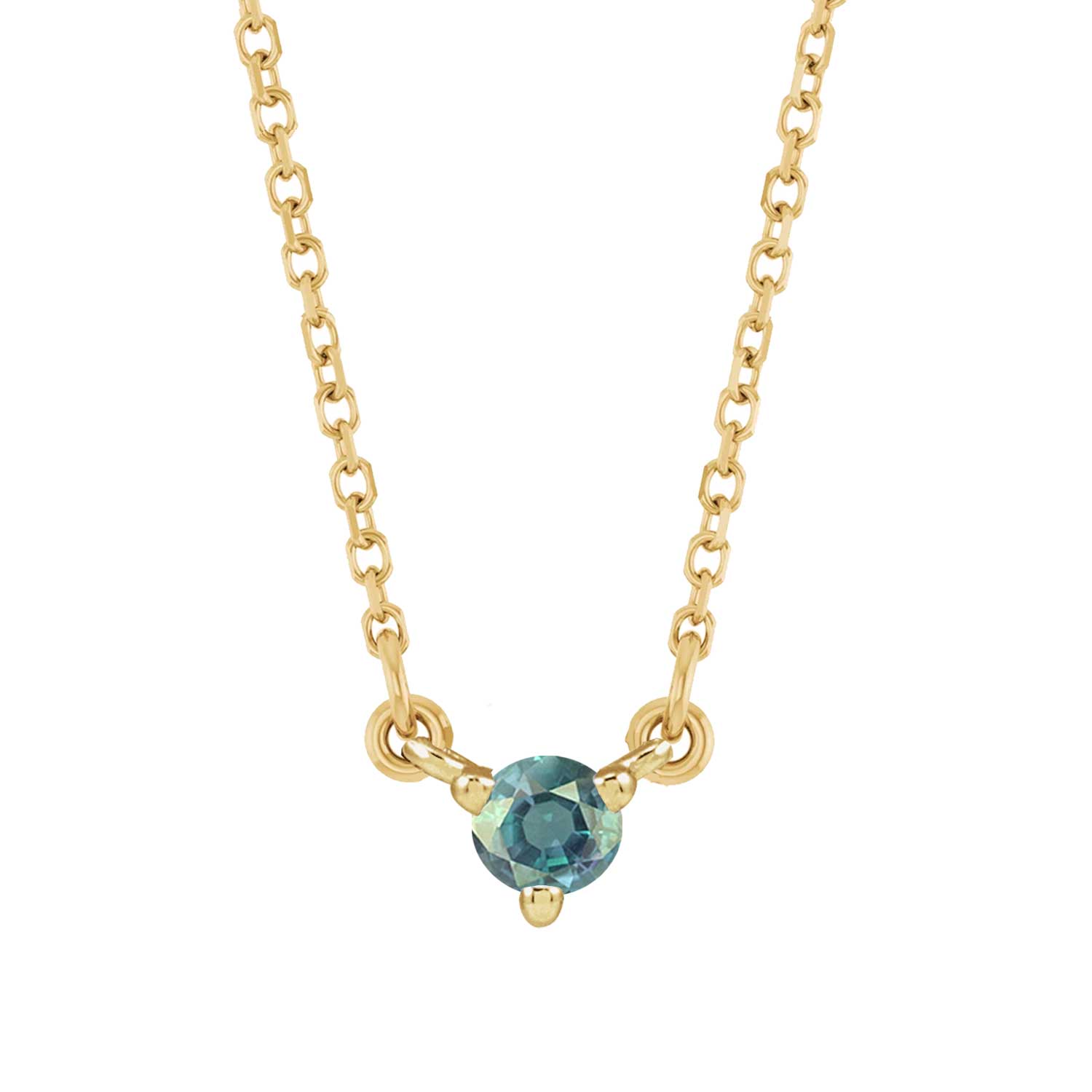 Elegant necklace in 14K yellow gold with dainty round alexandrite birthstone charm.