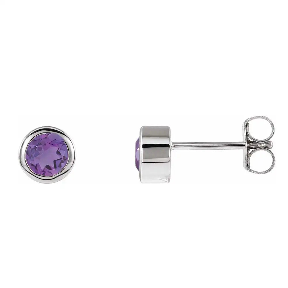 Amethyst bezel stud earrings side view in 14K white gold variant--14K-white-gold variant--Amethyst