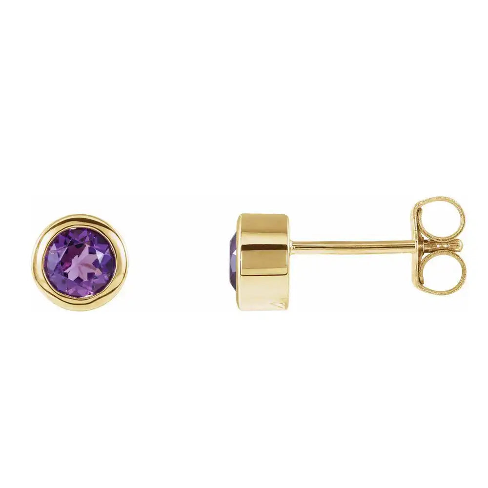 Amethyst bezel stud earrings side view in 14K yellow gold variant--14K-yellow-gold variant--Amethyst