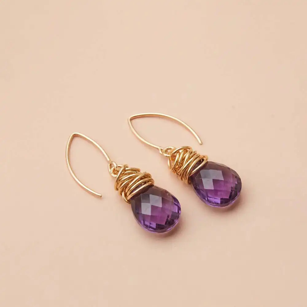 Amethyst dangle earrings product shot, genuine deep violet stone in sculptural bezel setting variant--Gold-fill variant--Sterling-silver variant--Amethyst