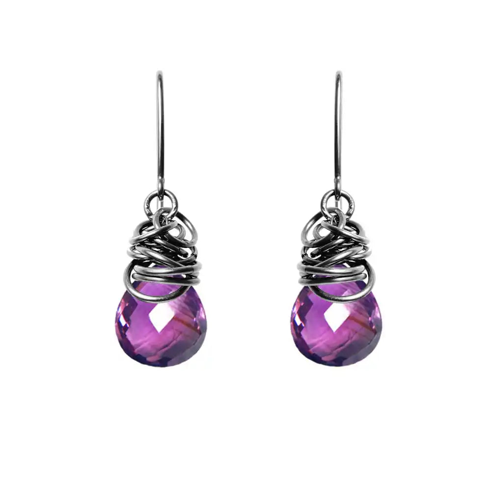 Amethyst dangle earrings in oxidized sterling silver, dark setting with natural purple amethyst