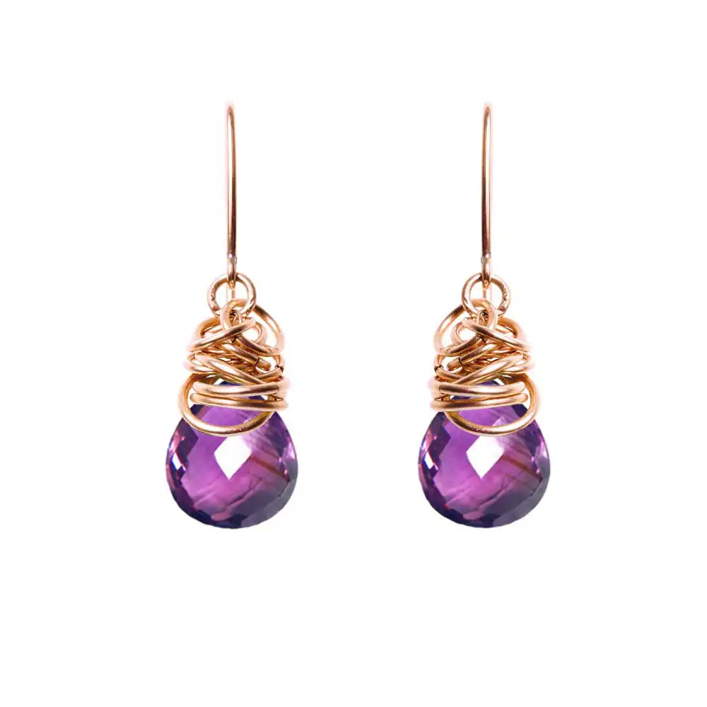 Amethyst dangle earrings in rose gold-fill, blush metal with vibrant violet amethyst stone