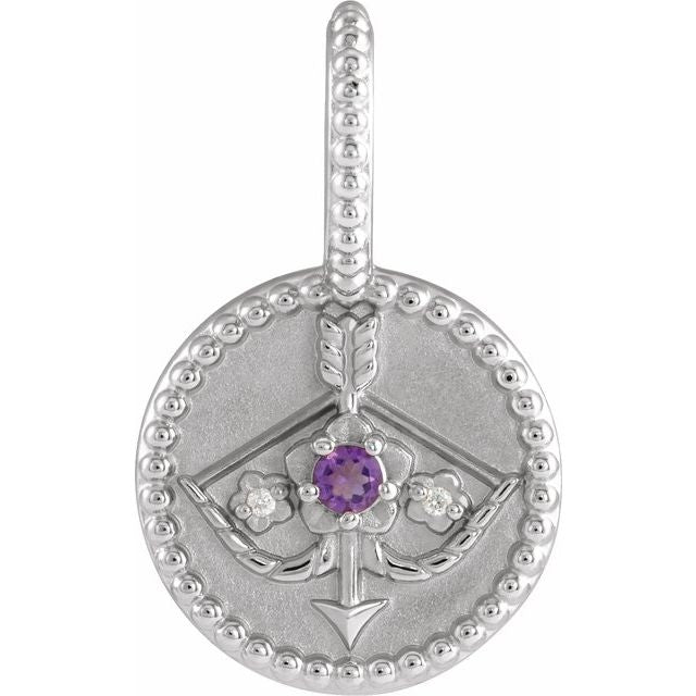 Sagittarius medallion charm in white gold with diamond accent