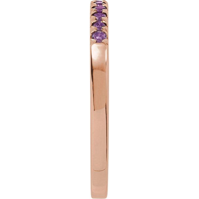 Rose gold amethyst stacking ring with deep purple gems side view