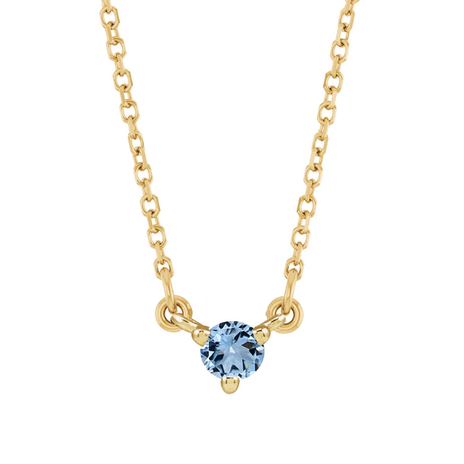 Elegant necklace in 14K yellow gold with dainty round aquamarine birthstone charm.