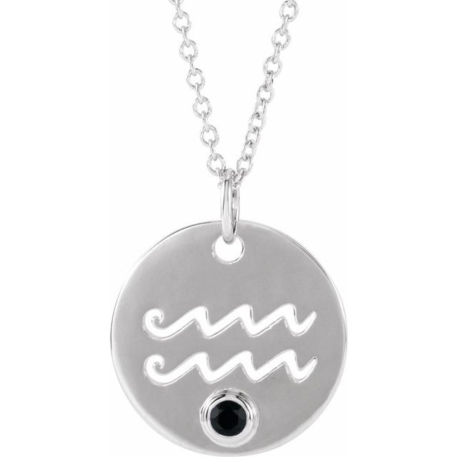 Aquarius zodiac medallion necklace paired with round spinel gem in 14K white gold