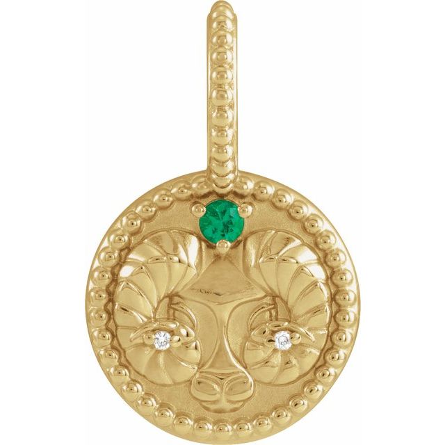 Aries zodiac medallion charm in 14K gold with emerald