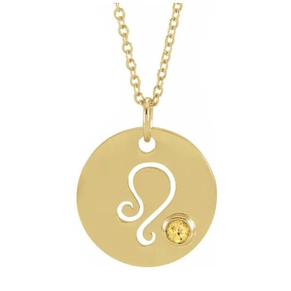 Celestial Leo symbol necklace handcrafted in 14K yellow gold with gemstone drop.