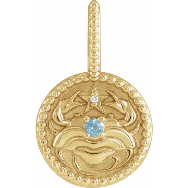 Cancer zodiac charm in recycled gold with aquamarine and diamond accent