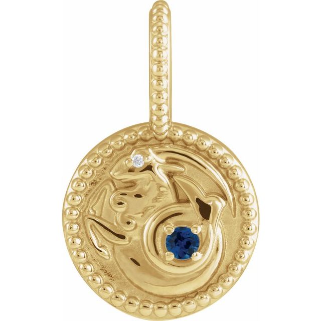Capricorn Zodiac medallion charm in 14K gold with sapphire birthstone