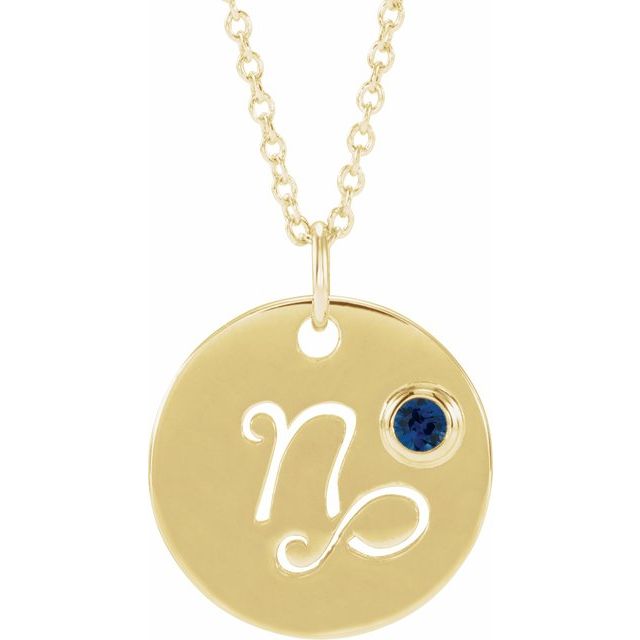 Capricorn zodiac charm necklace with blue sapphire gemstone in 14K gold