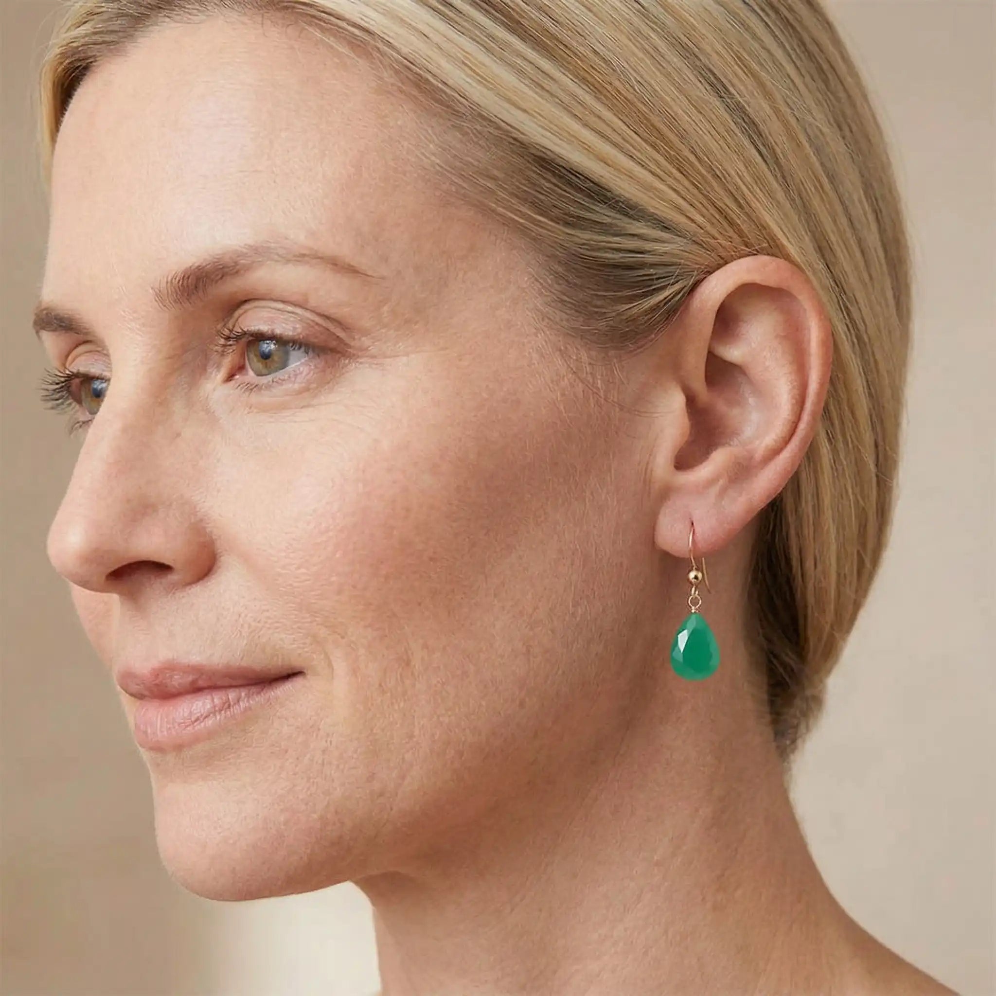 Drop earring in gold-fill shown on model. variant--Gold-fill, variant--Sterling-silver, variant--14K-yellow-gold, variant--14K-white-gold variant--Chrysoprase