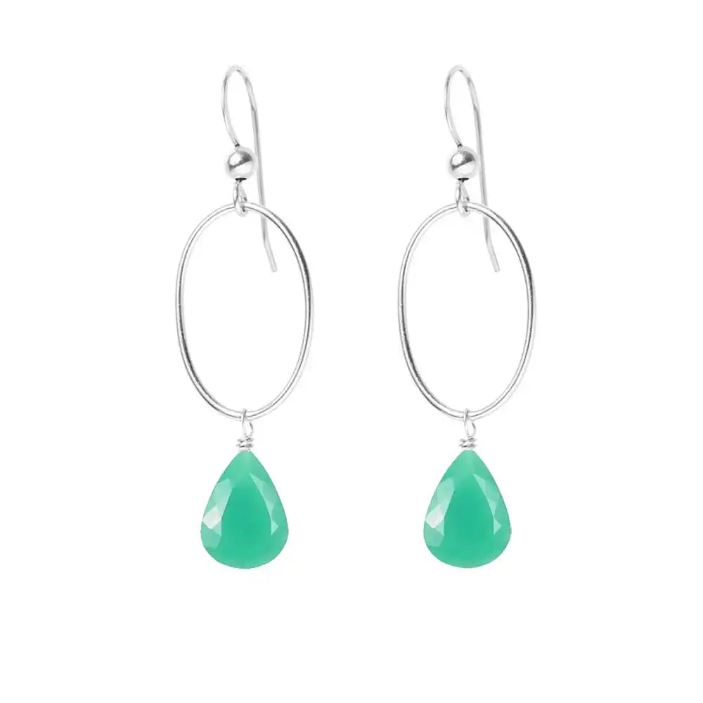 Chrysoprase gemstone hoop earrings in sterling silver, hand-cut vibrant green stone, handmade in the USA variant--Chrysoprase variant--Sterling-silver