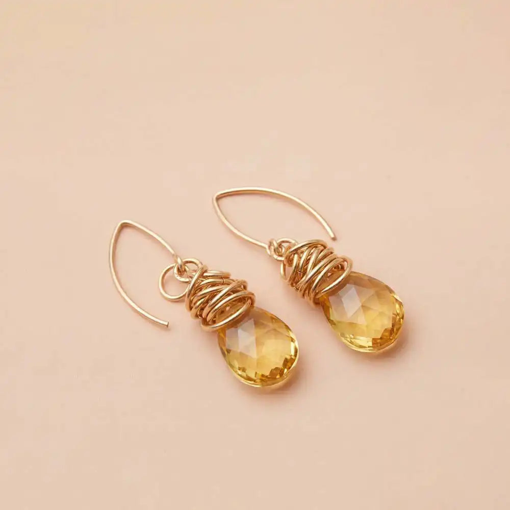 Citrine dangle earrings product shot, genuine golden-yellow stone in sculptural bezel setting variant--Gold-fill variant--Sterling-silver variant--Citrine