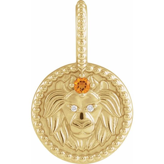 Close-up of citrine and diamond on Leo medallion in yellow gold