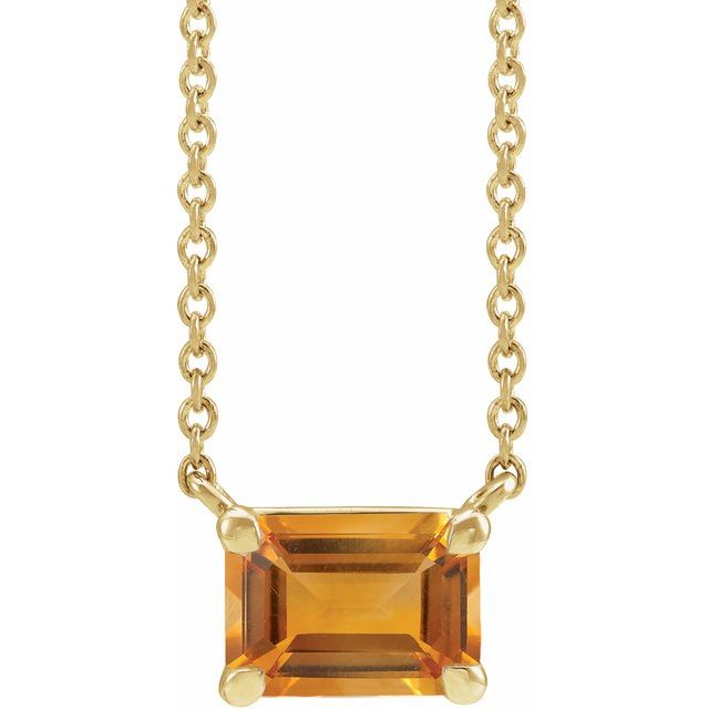 Front view of emerald-cut citrine necklace in 14K yellow gold