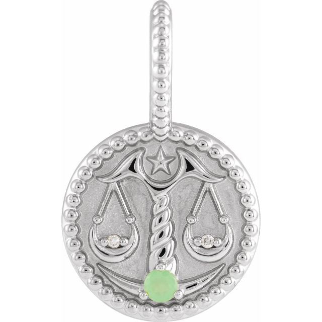 Detailed textured gold Libra medallion with chrysoprase in white gold