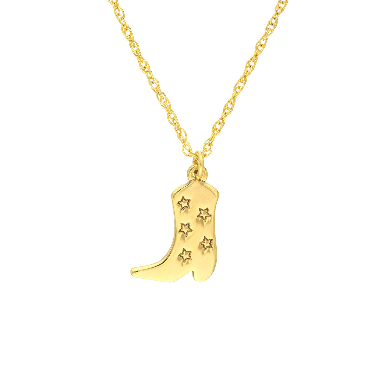 Cowboy Boot Necklace in 14K yellow gold on adjustable 16–18 inch chain, full hero view with polished finish