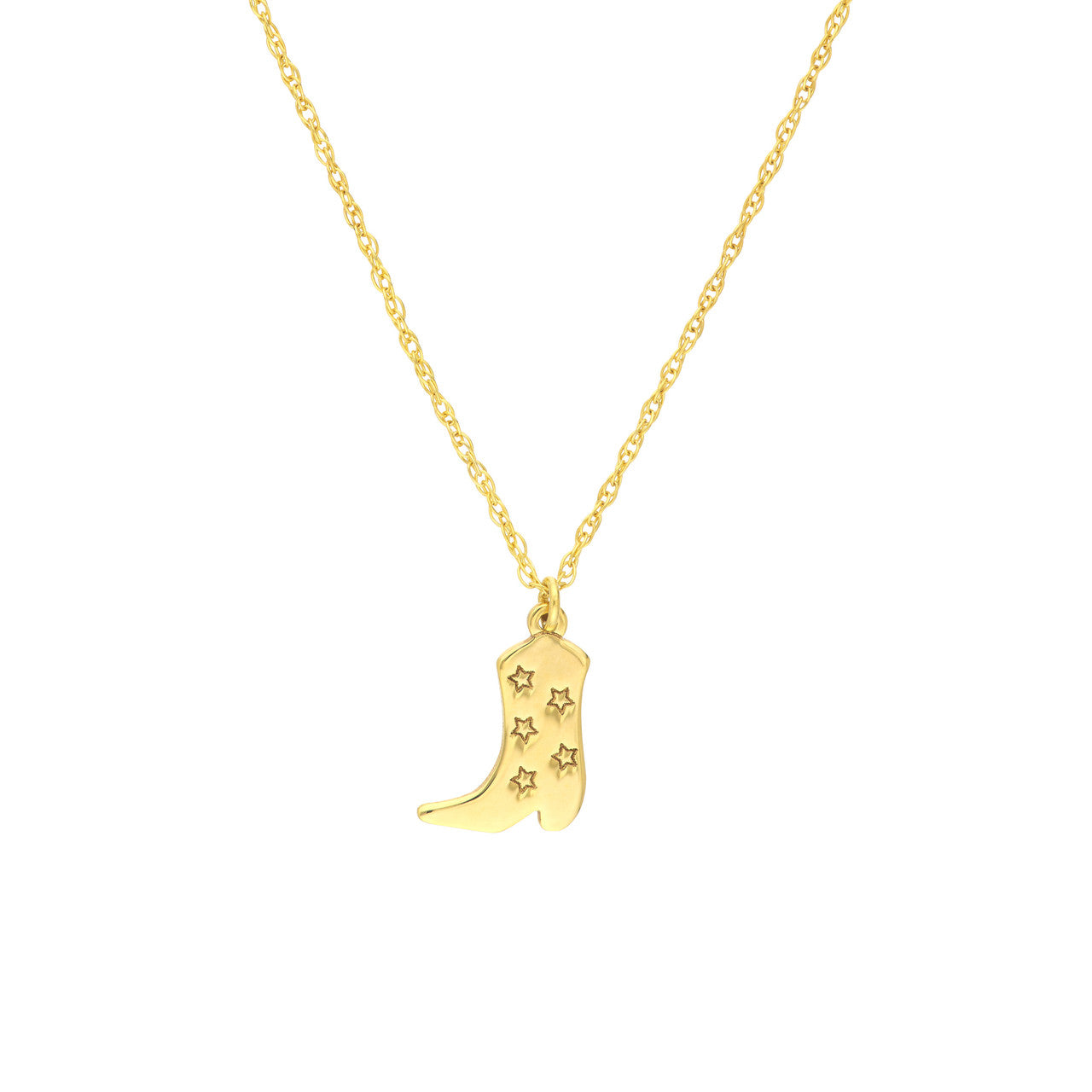 Close-up of polished 14K gold cowboy boot pendant showing minimalist silhouette and high-shine detail