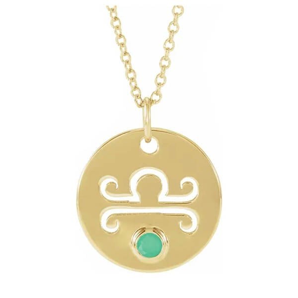 Libra zodiac medallion in 14K yellow gold with matching birthstone charm detail.