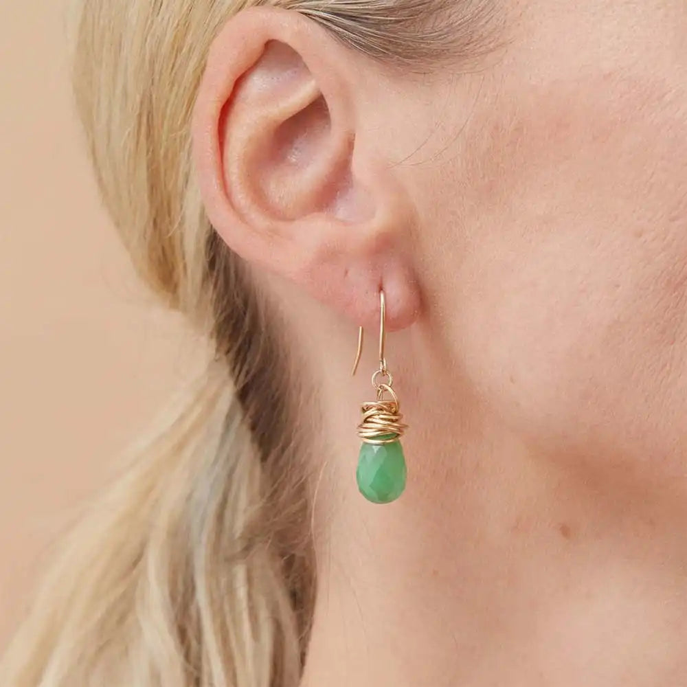 Close-up of natural chrysoprase bezel dangle earring, showing vivid green stone and hand-crafted wire detail variant--Gold-fill variant--Sterling-silver variant--Chrysoprase