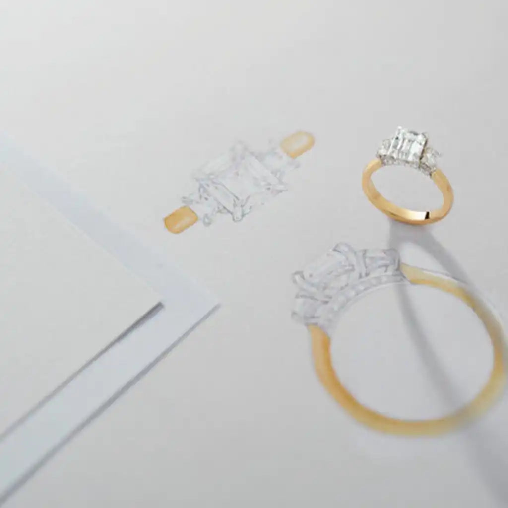 Design Sketch of custom Engagement ring shown with the finished ring