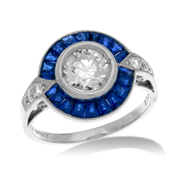 Platinum diamond and cornflower sapphire Art Deco ring front view on white background